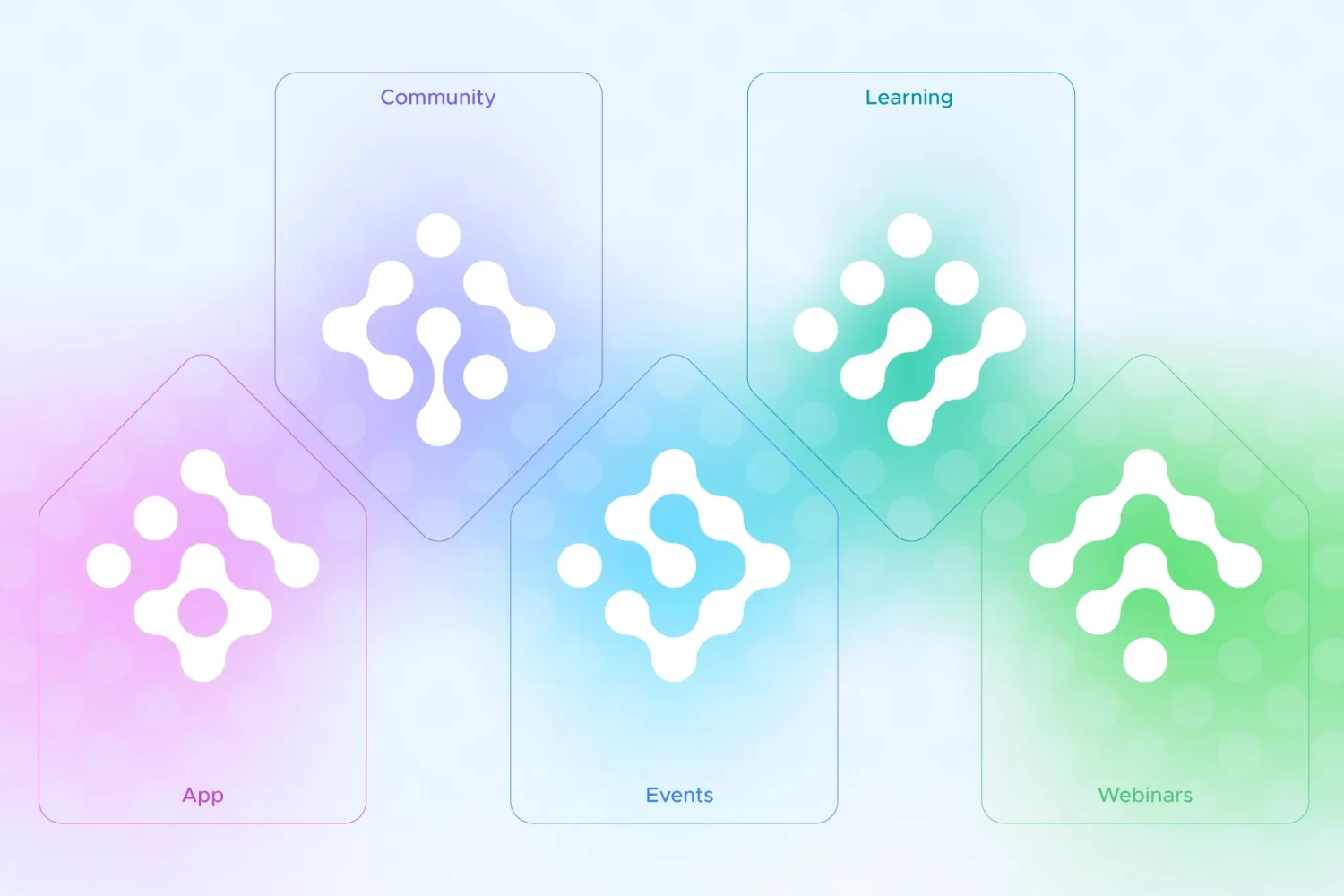 Five icons designed for each element of Totem's Reef audience-engagement platform: app, community, learning, events and webinars.