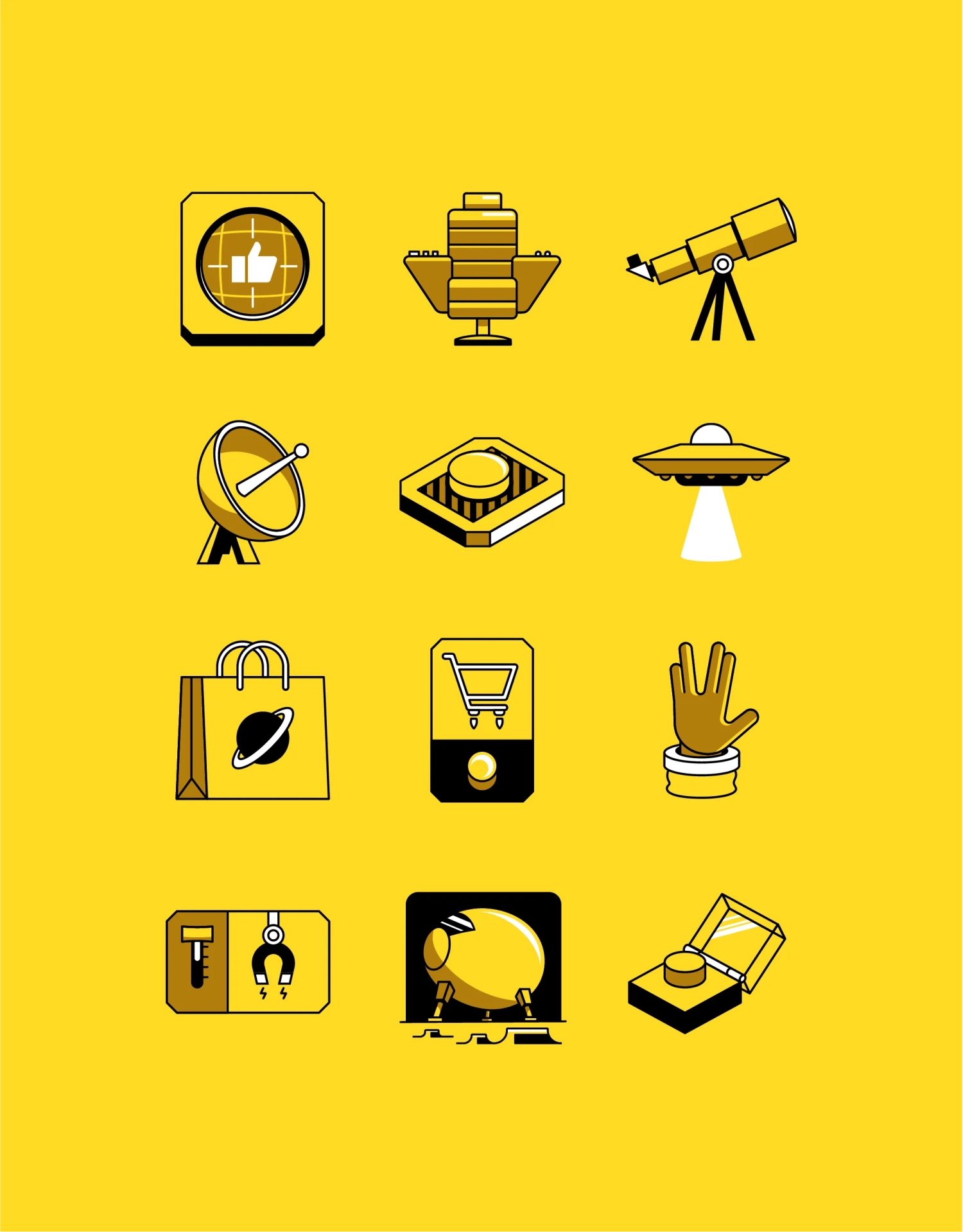 Various items of brand collateral with a space theme, all in Vroom's bold yellow brand colours.